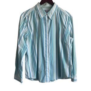 Chicos Women Cotton Top‎ XL Green Blue Striped Button Up Basics Workwear Preppy
